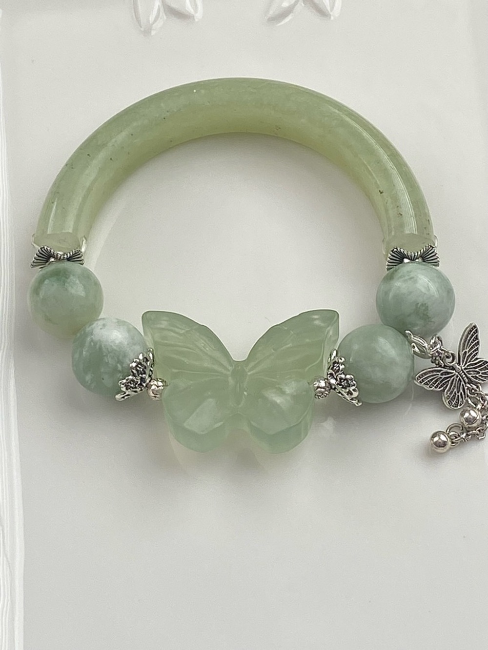 B172-Handmade Jade Carved Butterfly Half Bangle Bracelet